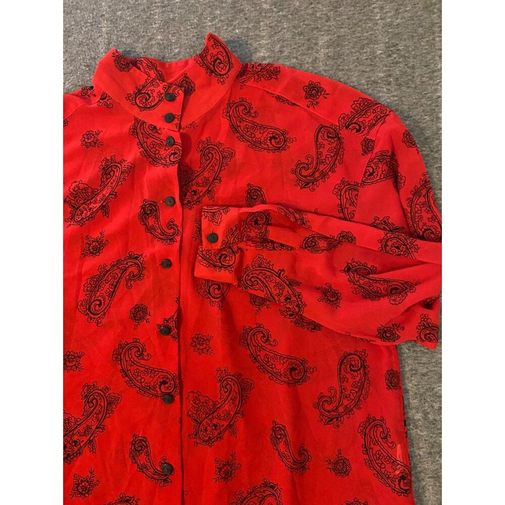 Vintage Lizsport Red Paisley Button Tunic Shirt Womens Large Mandarin‎ Collar
